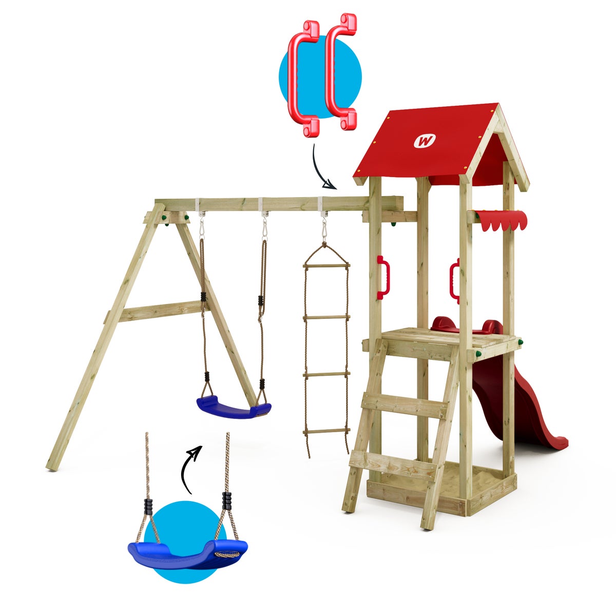 WICKEY TinyCabin Speeltoren Klimrek met Schommel en Glijbaan, Klimtoren met Zandbak, Ladder en Speelaccessoires - Rood
