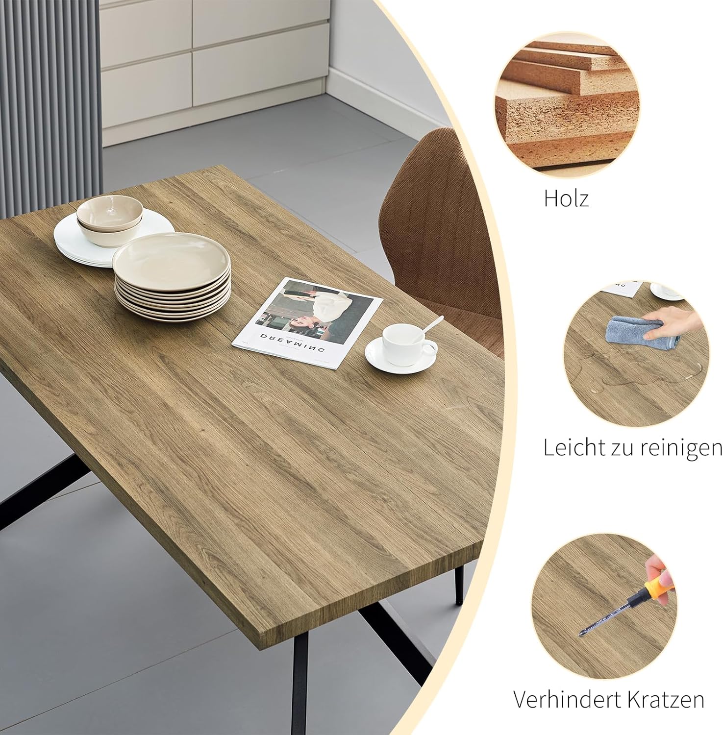 Essgruppen mit Heller Holz Esstisch und 6 Brauner Stühle, Rechteckiger Esstisch in 140 x 80 x 76 cm mit 6 Ergonomischer Design Leinen Esszimmerstühle, für Esszimmer, Küche, Wohnzimmer