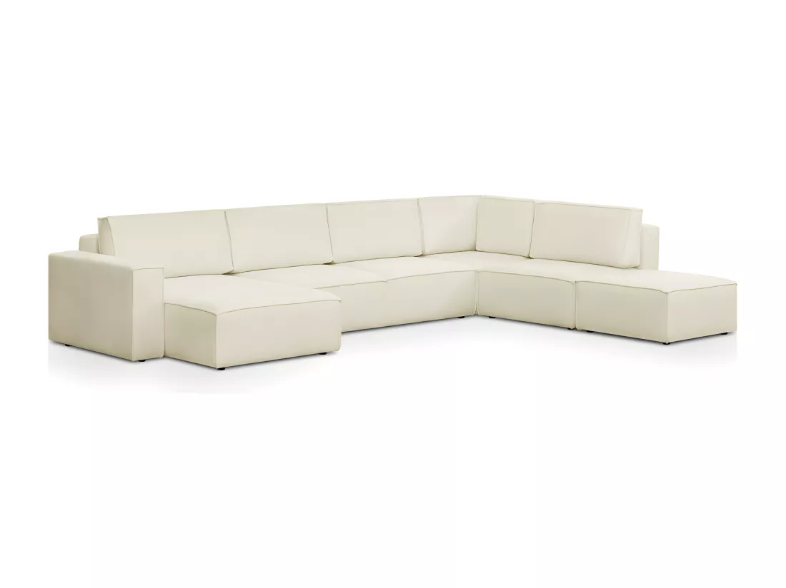 Canapé d'angle à droite panoramique convertible modulable 8 places avec pouf en tissu bouclé écru - Harper Mod