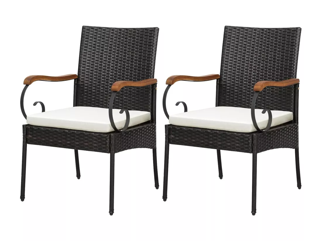 Fauteuil de Jardin Lot de 2 avec Coussins, Chaise Exterieur en Rotin et fibre naturelle PE avec Accoudoirs en Bois, Hauteur d'Assise 40 cm
