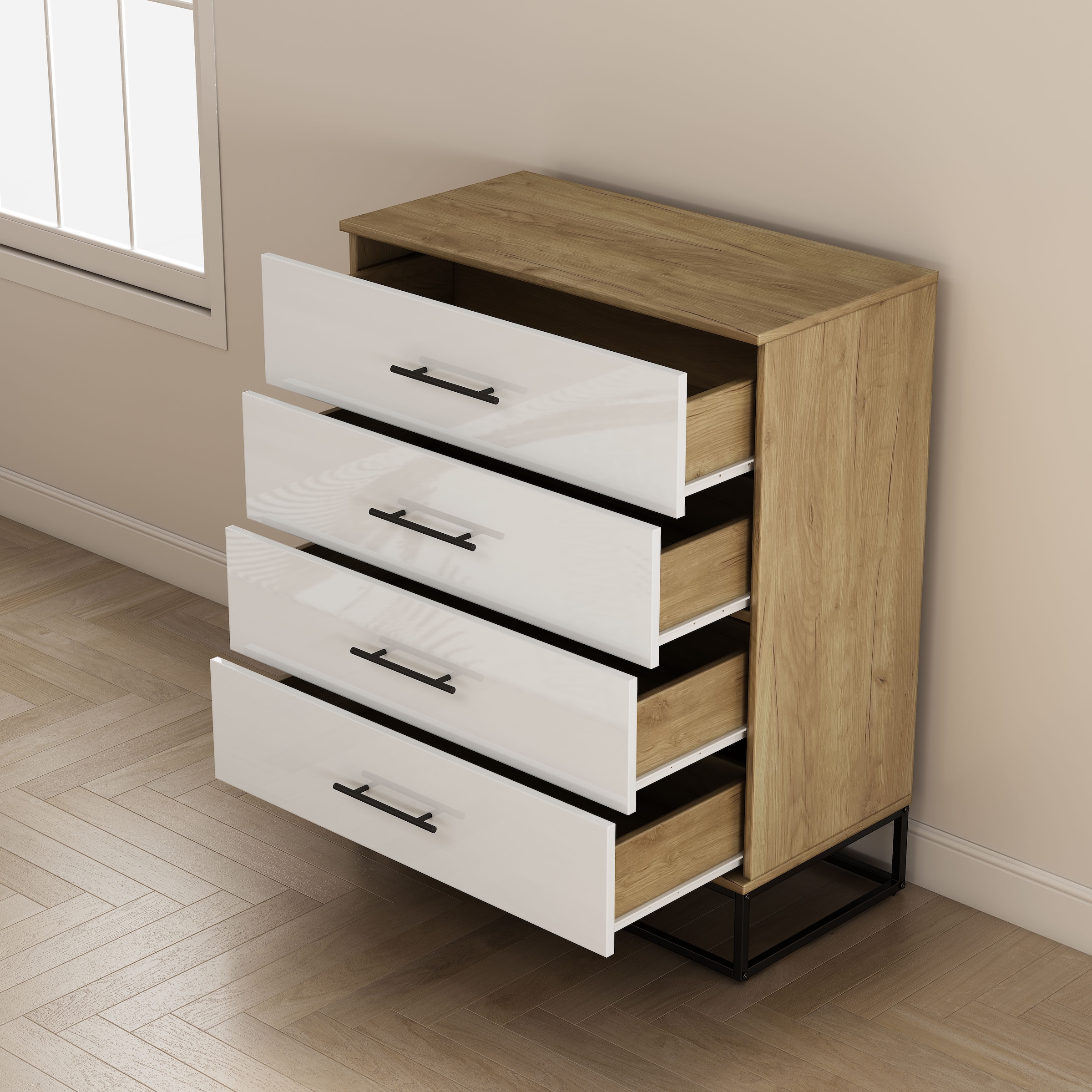 GOODproduct Schubkastenkommode »Lucca Sideboard mit schwarzen Griffen 4 Schubladen Kufengestell« Hochwertige Hochglanzfronten in weiss,