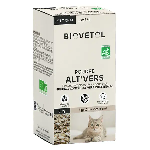 Biovetol - Alimento para Bem-Estar - Alt'vers Ração Orgânica em Pó para Gatos de Pequeno Porte <5kg - 50g