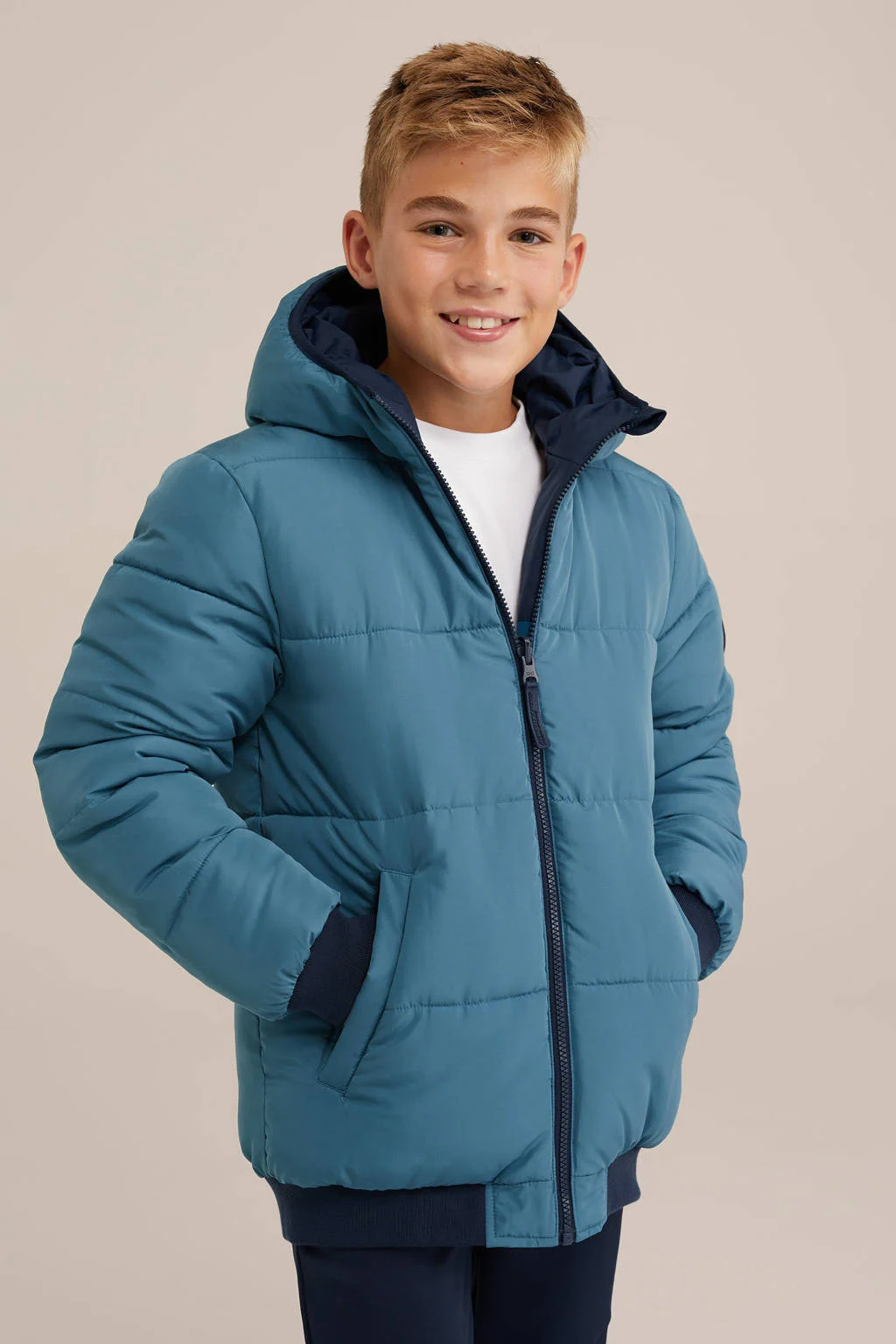 WE Fashion reversible gewatteerde winterjas blauw/donkerblauw/lichtblauw