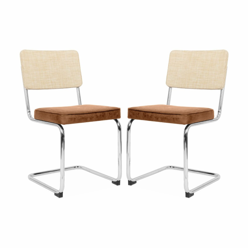 2 chaises cantilever - maja - tissu marron clair et résine effet rotin. 46 x 54.5 x 84.5cm