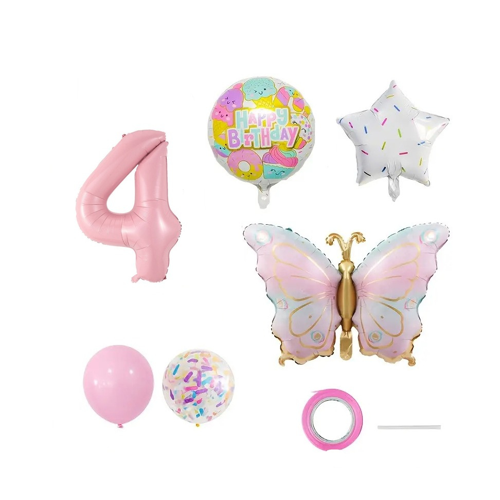 (10-tlg. Set) Zahlen Ballon Kinder Geburtstags Party Folienballon inkl. Latex Luftballon - Zahl 4 / Schmetterling