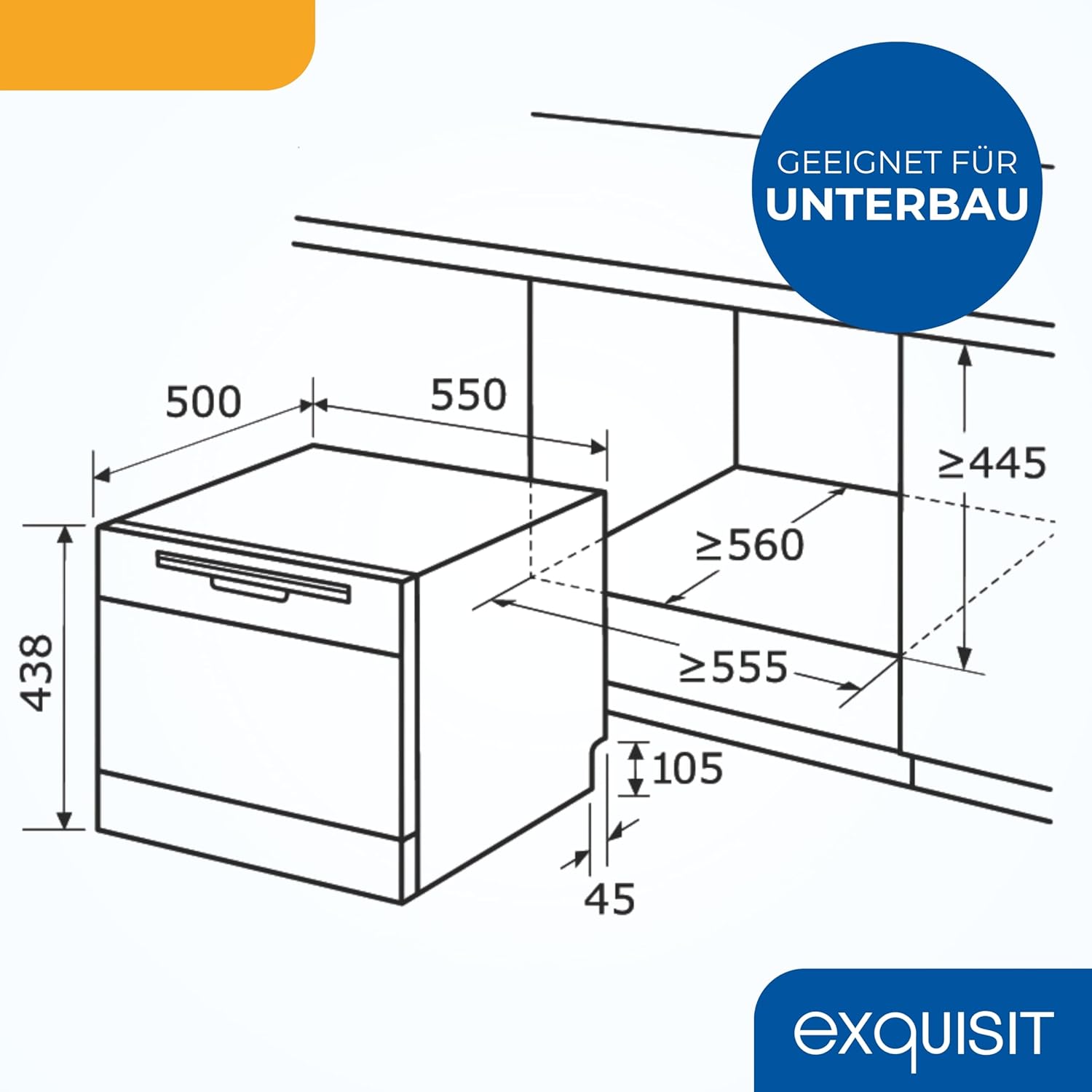 Exquisit Mini-Geschirrspüler, Tischspülmaschine, 55 cm breit, spülmaschine klein, Auto Türöffner, ECO-Modus, GSP5206-030D weiss