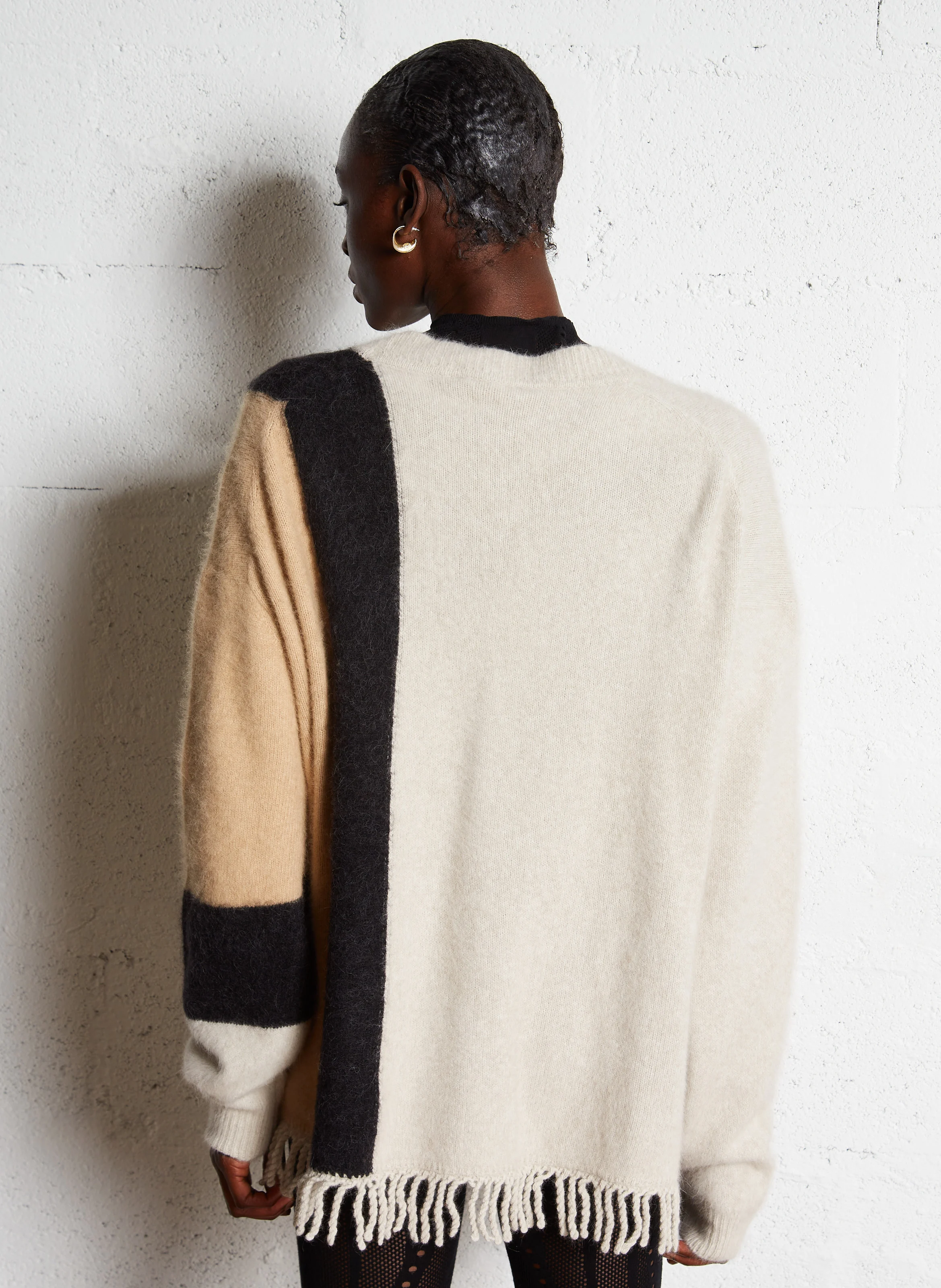 FOWLER - Gilet ample col V jacquard en fourrure de renard mélangée | Beige