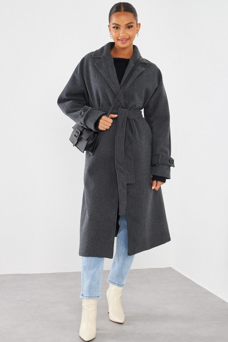 Manteau long ceinturé gris foncé