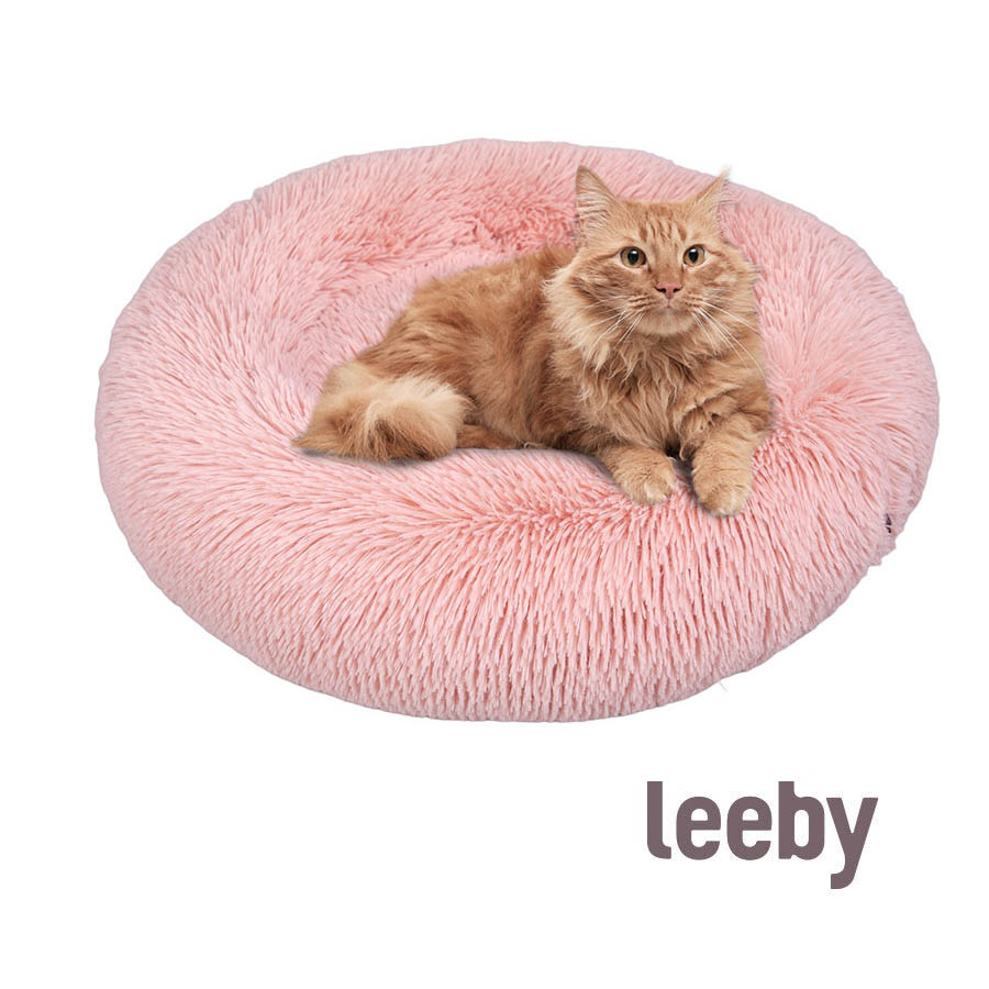 Cama em formato de donut antiestresse Leeby rosa e peluda para gatos
