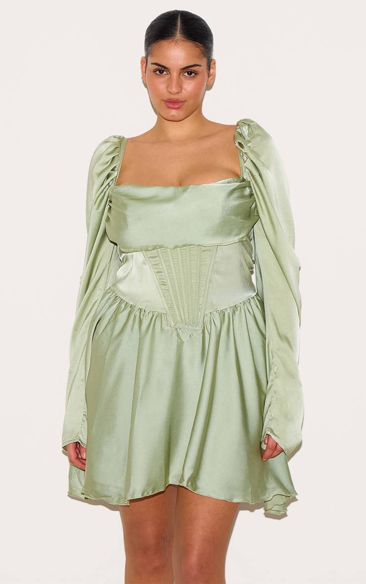 Vert Sauge Robe Droite Bouffante Grande Taille En Satin Avec Détail Corset