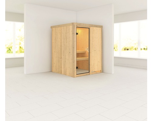 Karibu Sinja plug & play sauna zonder kachel en dakrand, met gebronsde volledig glazen deur
