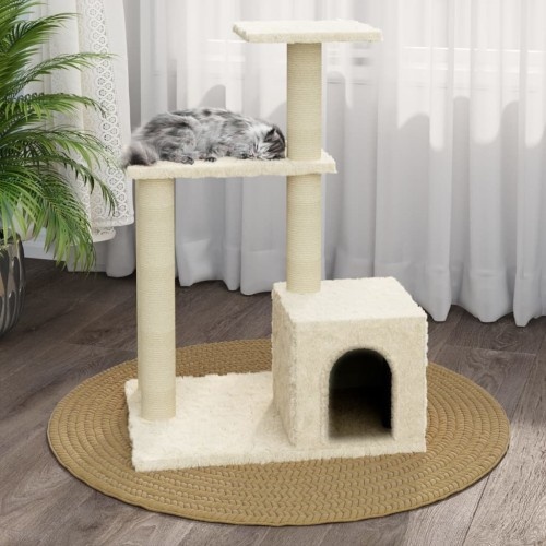 Arranhador Vidaxl com casinha, cor creme para gatos