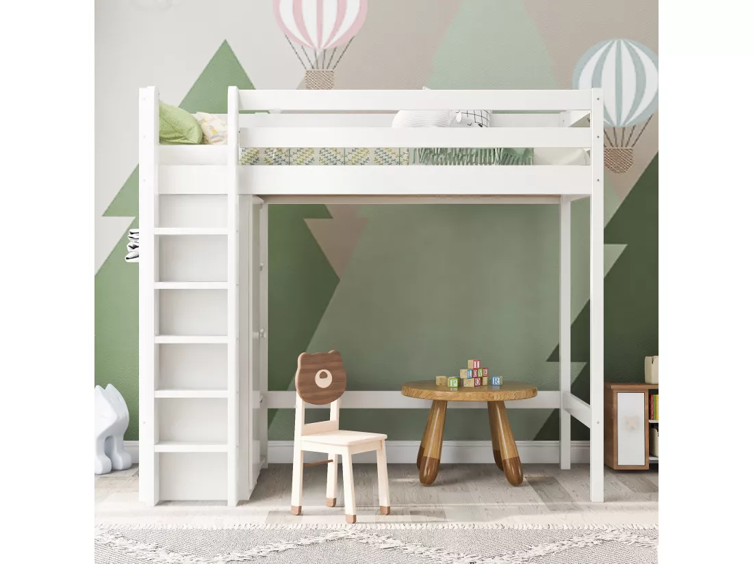 Lit mezzanine 90 x 200 cm avec armoire et 6 étagères - Panneaux de particules + MDF - Blanc (sans matelas)