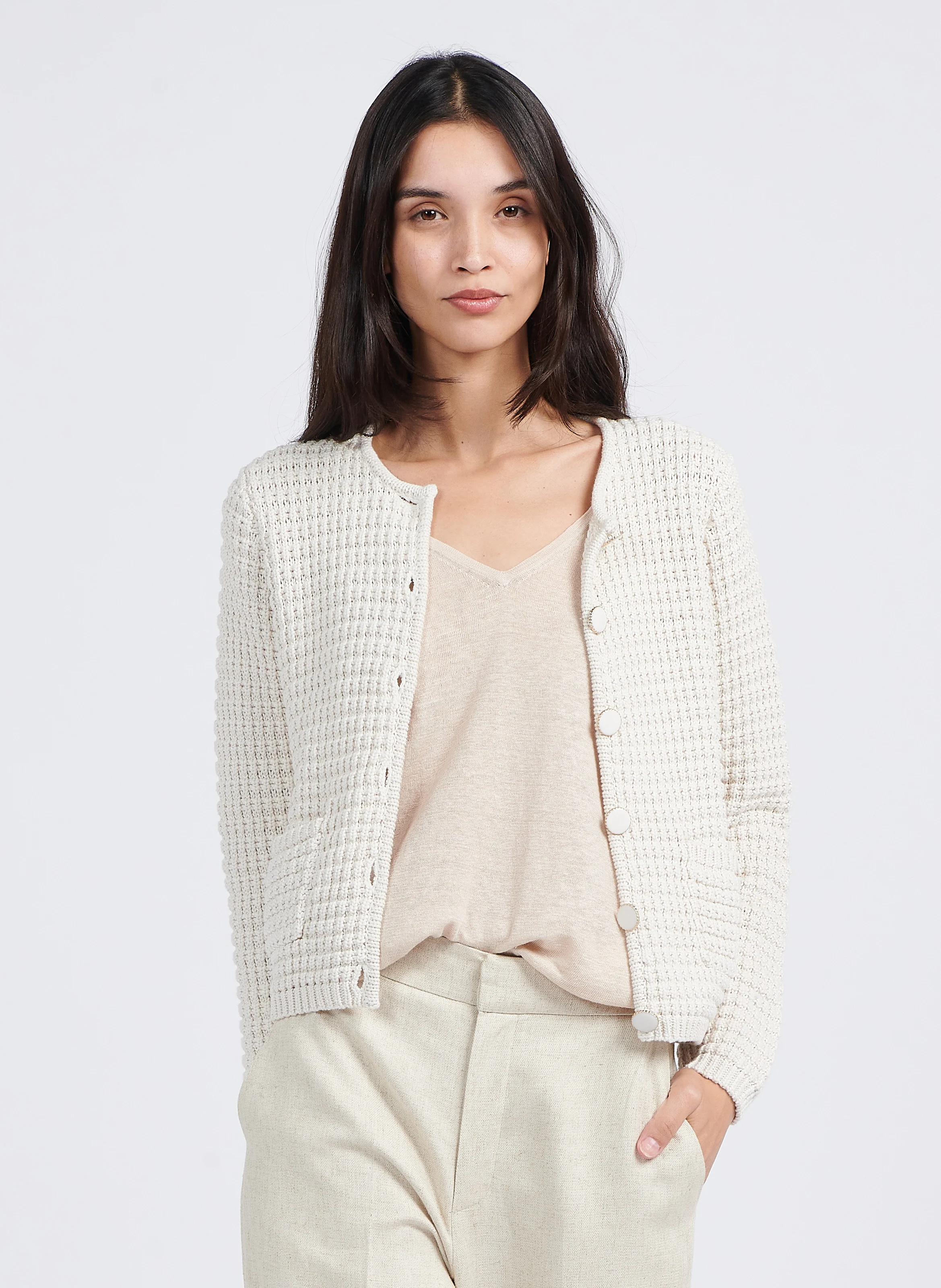 GILARY - Gilet droit à boutons bijoux en coton mélangé | Blanc