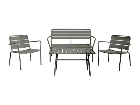 Salon de jardin en métal : un banc, 2 fauteuils bas et une table basse - Gris anthracite - MIRMANDE de MYLIA
