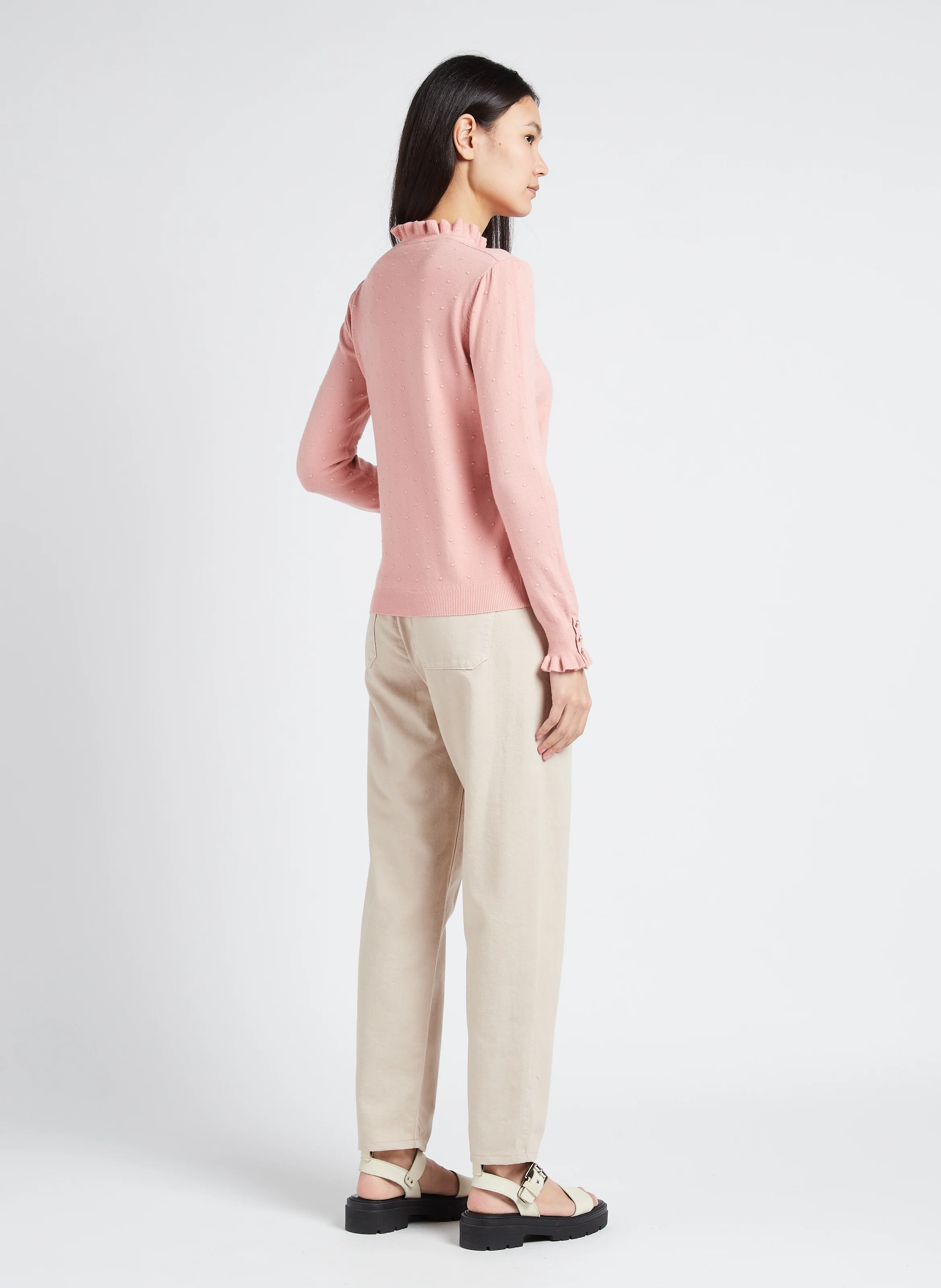 SOLFERINO - Pull col rond jacquard à volants | Rose