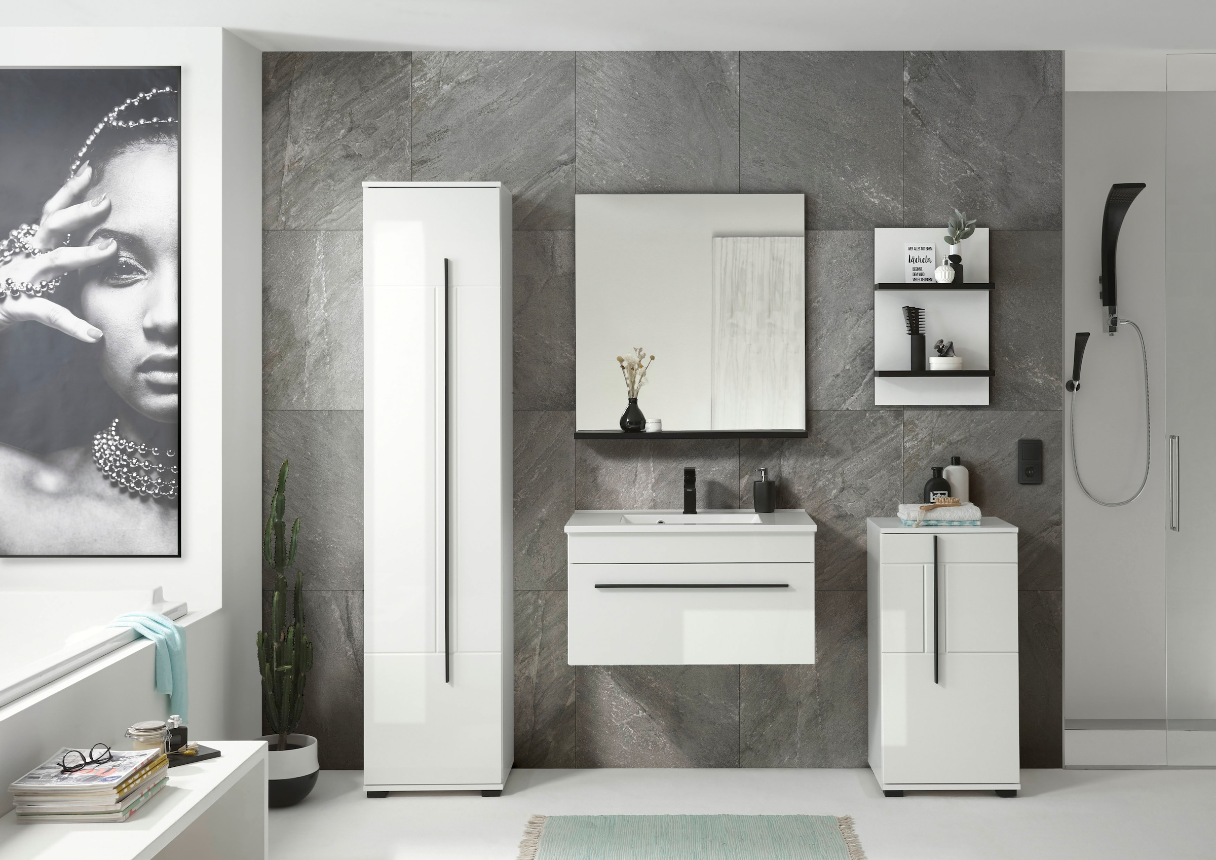INOSIGN Hochschrank »Cantara, Badschrank in Hochglanz Weiss, Hochschrank im modernen Design« mit schwarzen Griffen, ausreichend Stauraum