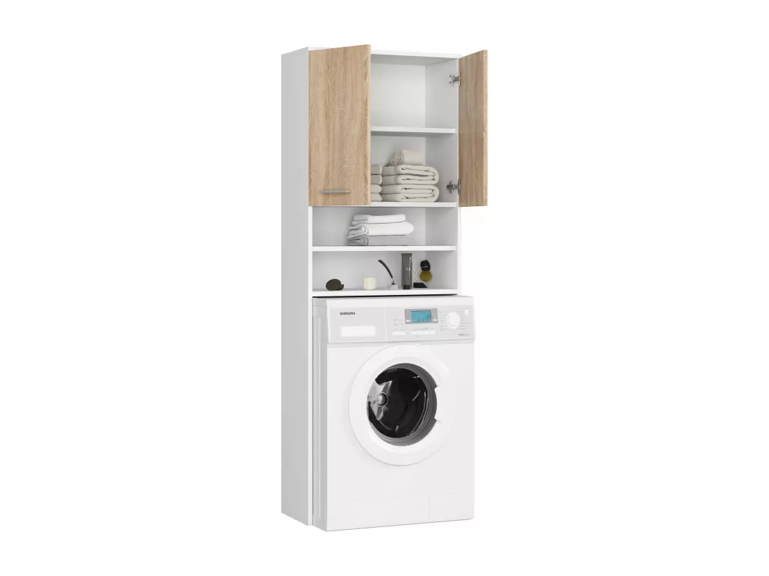 meuble machine a laver 2 portes façade chêne sonoma 4 étagères 64x30x180 cm