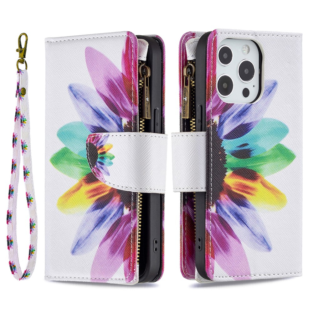 iPhone 13 Pro Leder Wallet Etui Tasche mit 9 Kartenfächern   Münzfach - Sonnenblume