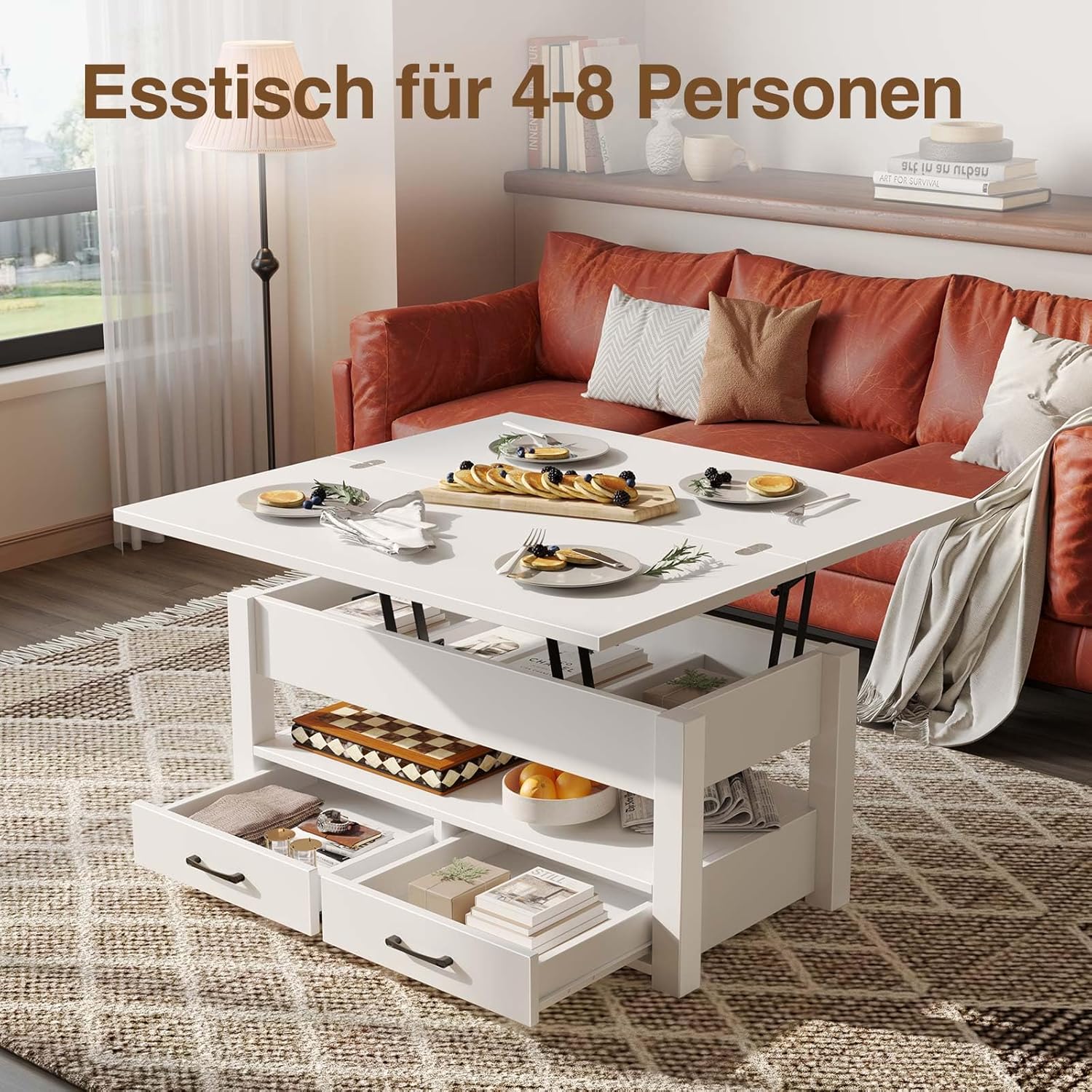 Rolanstar Couchtisch Höhenverstellbar, Wohnzimmertisch mit Schublade & verstecktem Fach, Kaffeetisch umwandelbar in Esstisch, 100 x 50 cm Sofatisch aus Holz, Weiß