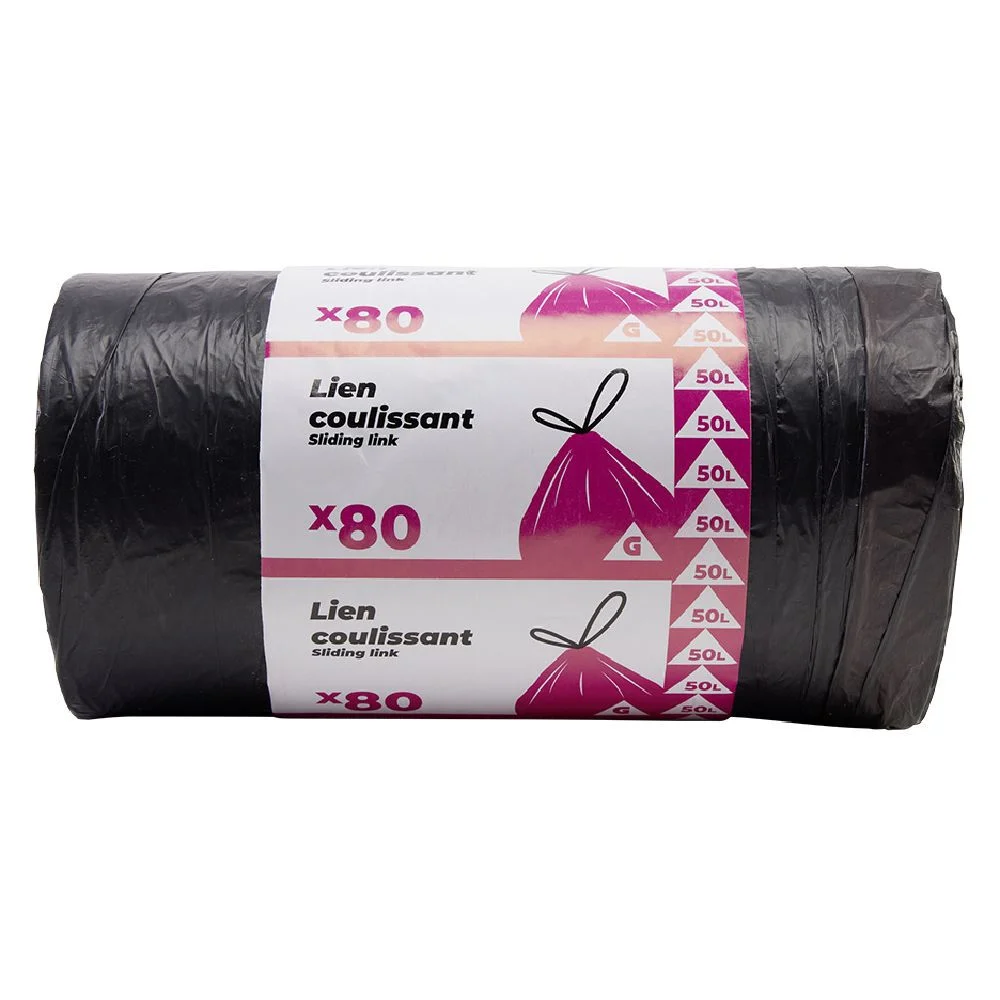 Sac poubelle noir lien coulissant 50L x80