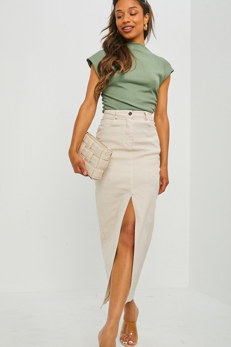 Jupe droite beige en jean fundu