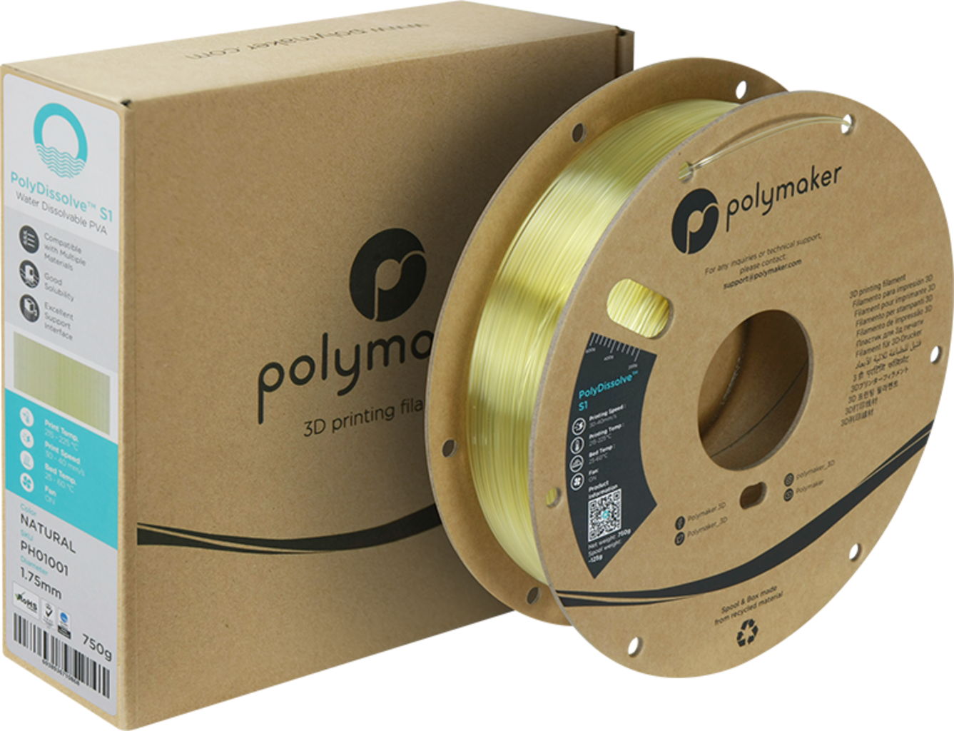 Polymaker  PolyDissolve S1, 1,75 mm (750 g)    Wasserlösliches Stützmaterial für Dual Extruder