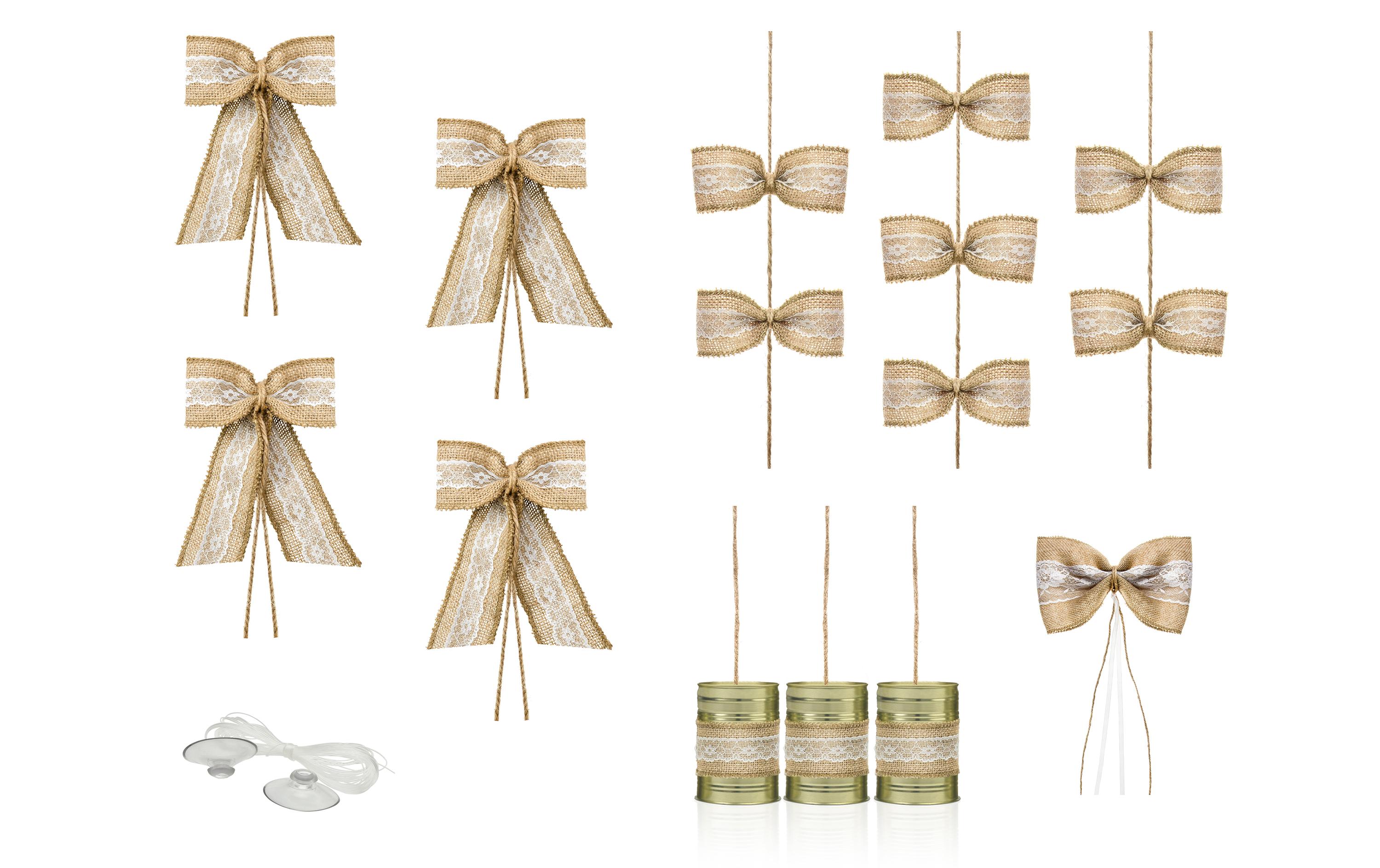 Hochzeitsaccessoire Autodeko Set 5-teilig, Braun/WeissAutoschmuck für die Hochzeit
