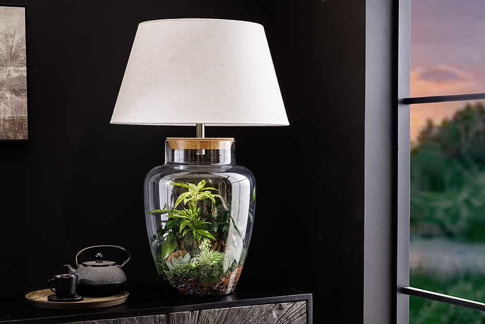 Befüllbare Tischlampe CLASSICO 75cm weiß transparent Glas mit Leinenschirm