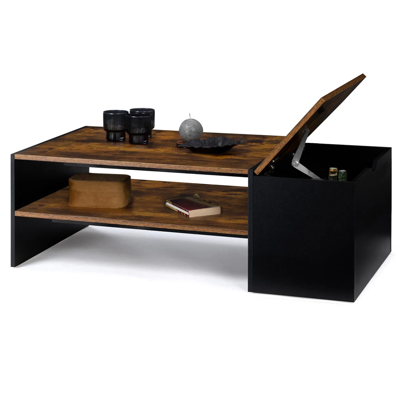 Table basse bar contemporaine rectangulaire IZIA avec coffre bois effet vieilli et noir