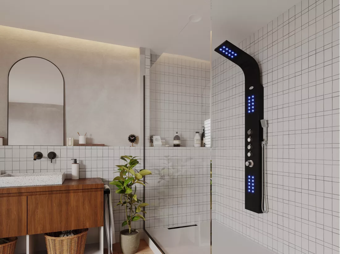 Colonne de douche hydromassante thermostatique à leds - 20*165cm - Noir - FELICITA