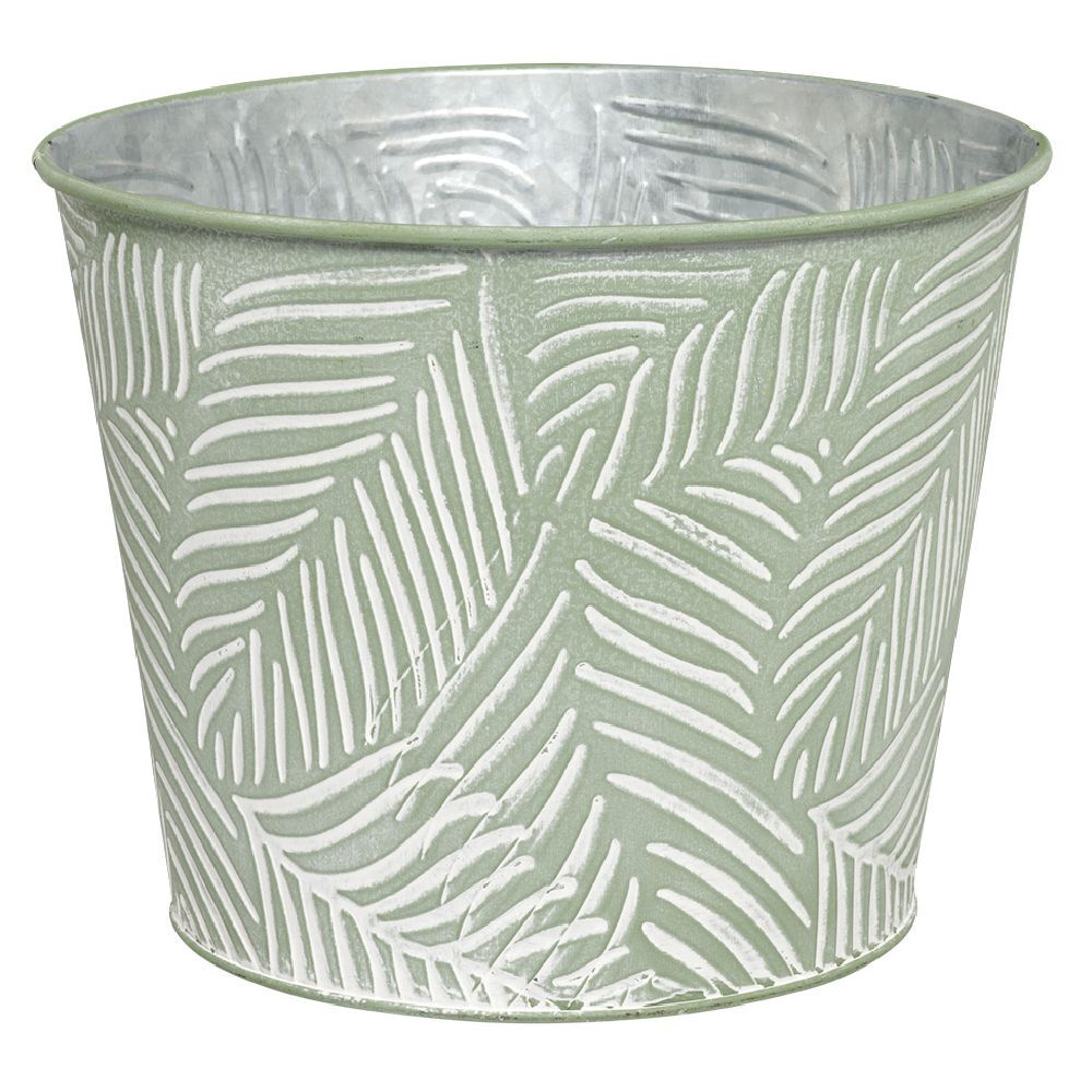 Pot en zinc avec feuillage relief vert et blanc petit modèle Ø21xH17cm