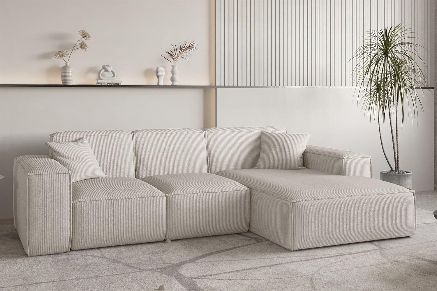 Fun Möbel Ecksofa Designersofa CELES Premium in Stoff Scala (Hellbeige, Ottomane: Rechts)