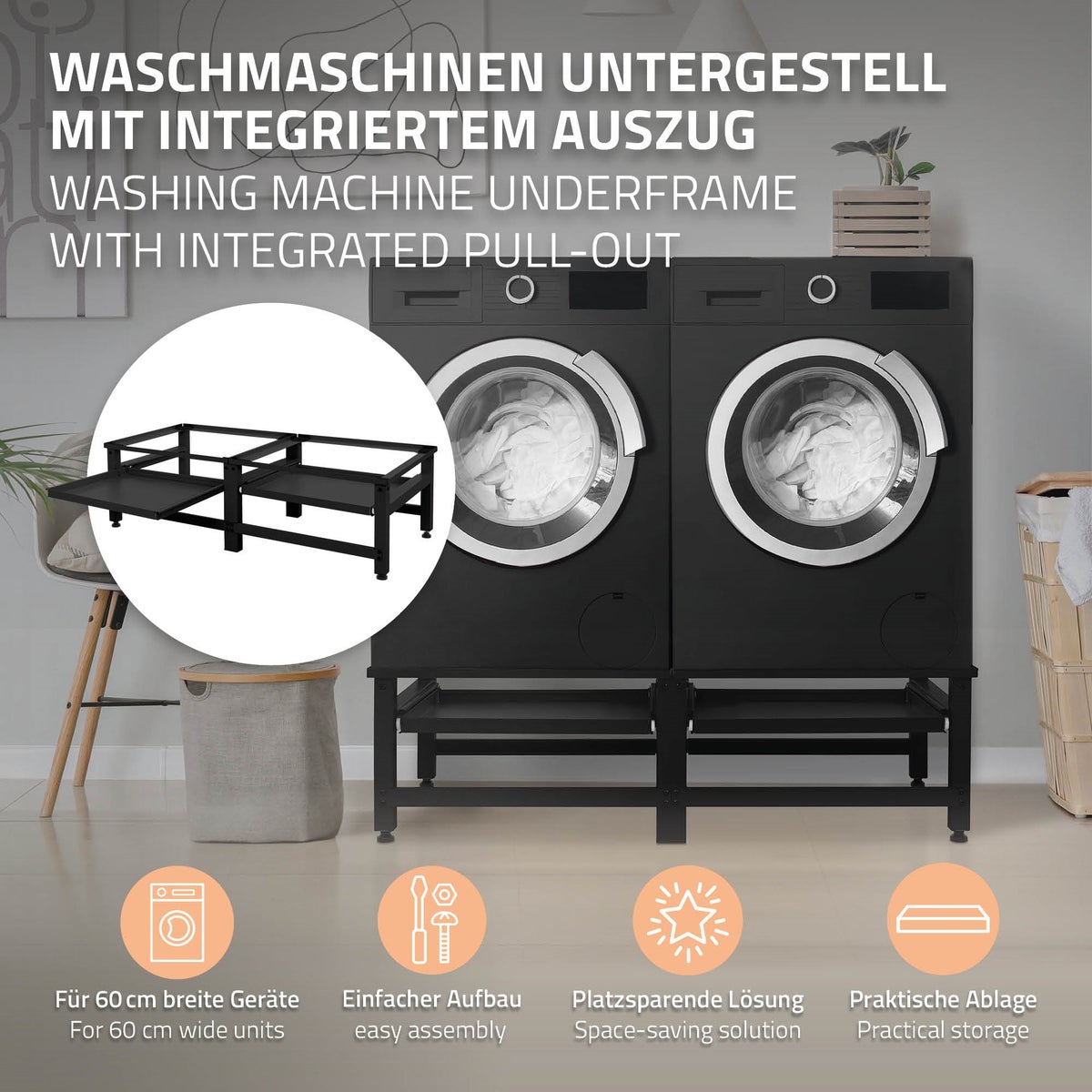 ML-Design Dubbele Wasmachine Onderstel met 2 Uitschuifbare Planken, Zwart, Staal, tot 2 x 150 kg + 10 kg, Verstelbare Voeten, Dubbele Wasmachine Onderstel, Dubbele Onderstel, Dubbel Platform, Verhoger