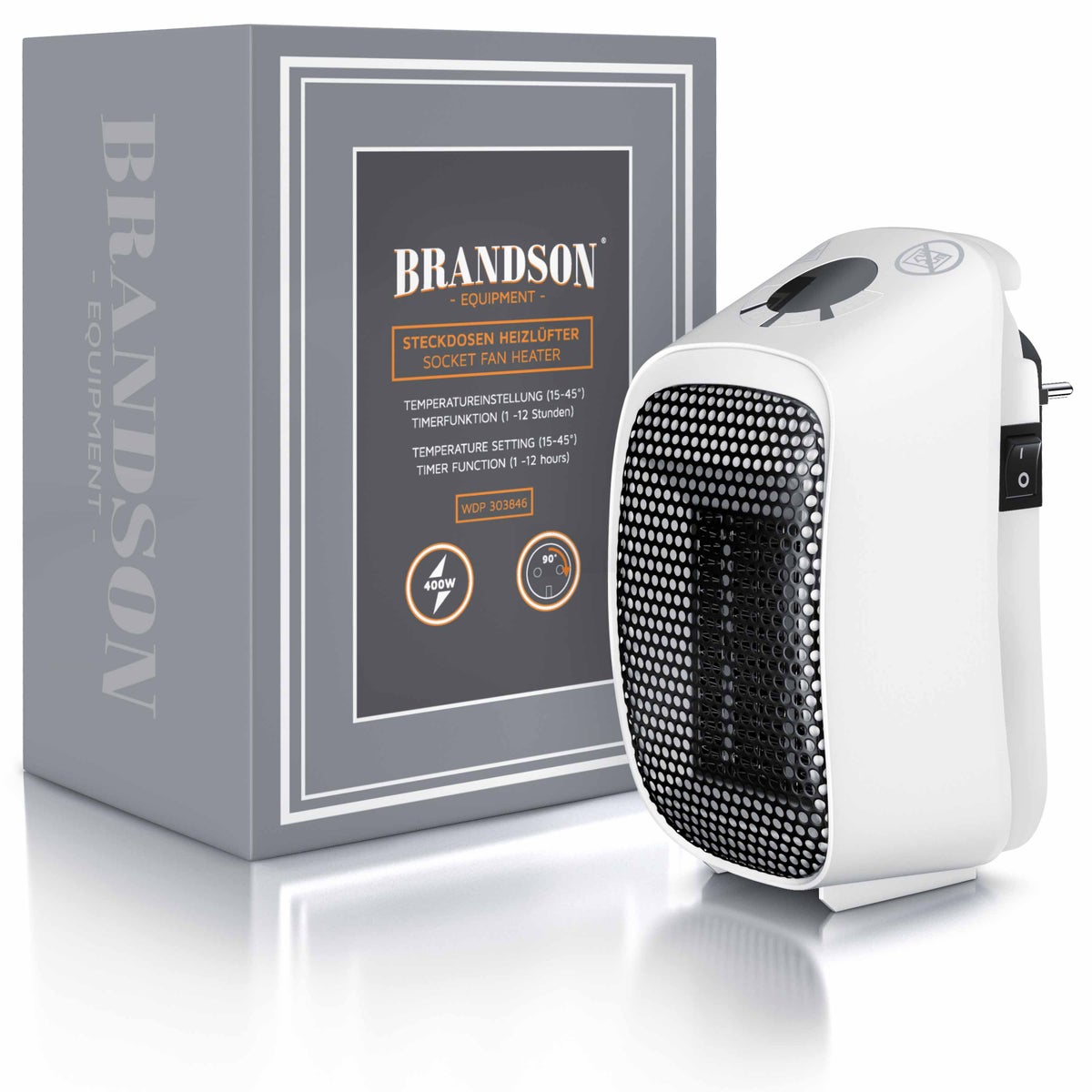 Brandson Plug-in ventilatorkachel met afstandsbediening en timer, 400W ventilatorkachel, oververhittingsbeveiliging, automatische uitschakeling, wit