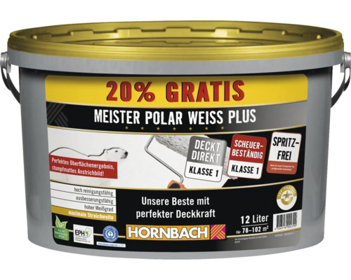 HORNBACH Muurverf Master Polar White Plus wit, spatvrij, conserveermiddelvrij, 12 L