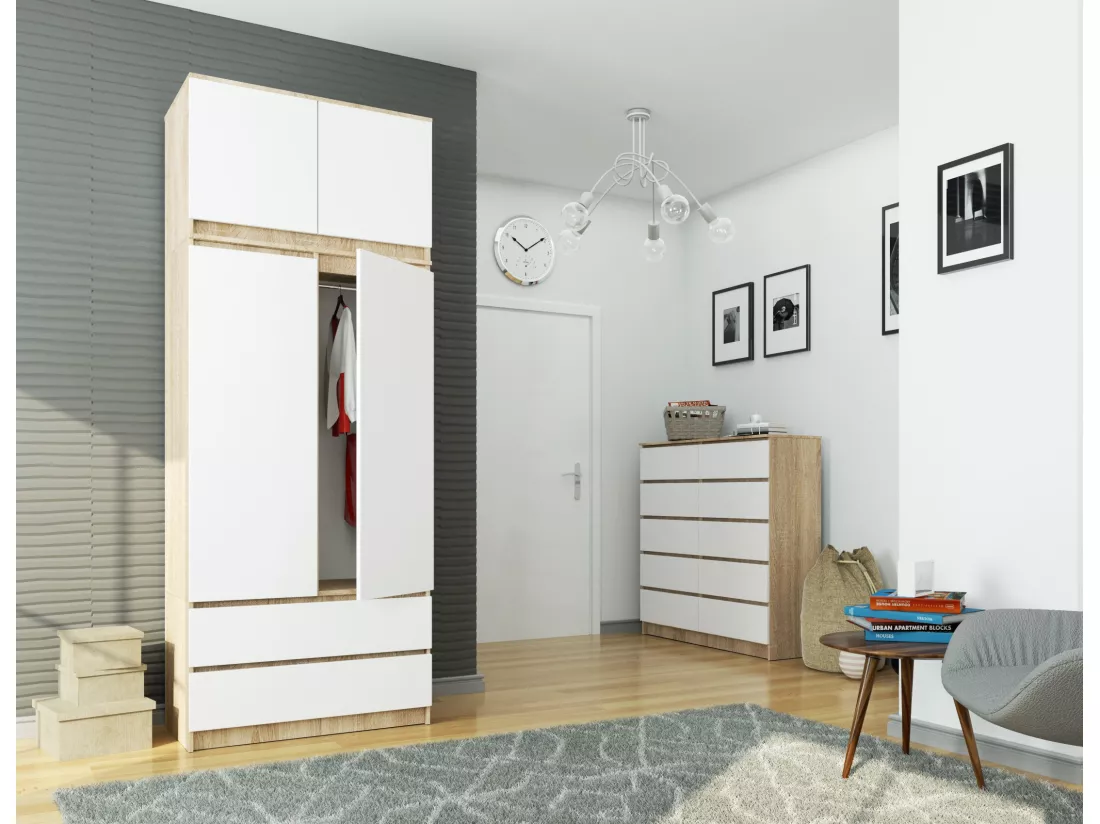 Armoire avec surmeuble AKORD S90 Chêne Sonoma 90 cm 2 portes 2 tiroirs façade Blanche 6 étagères 90x51x234 cm