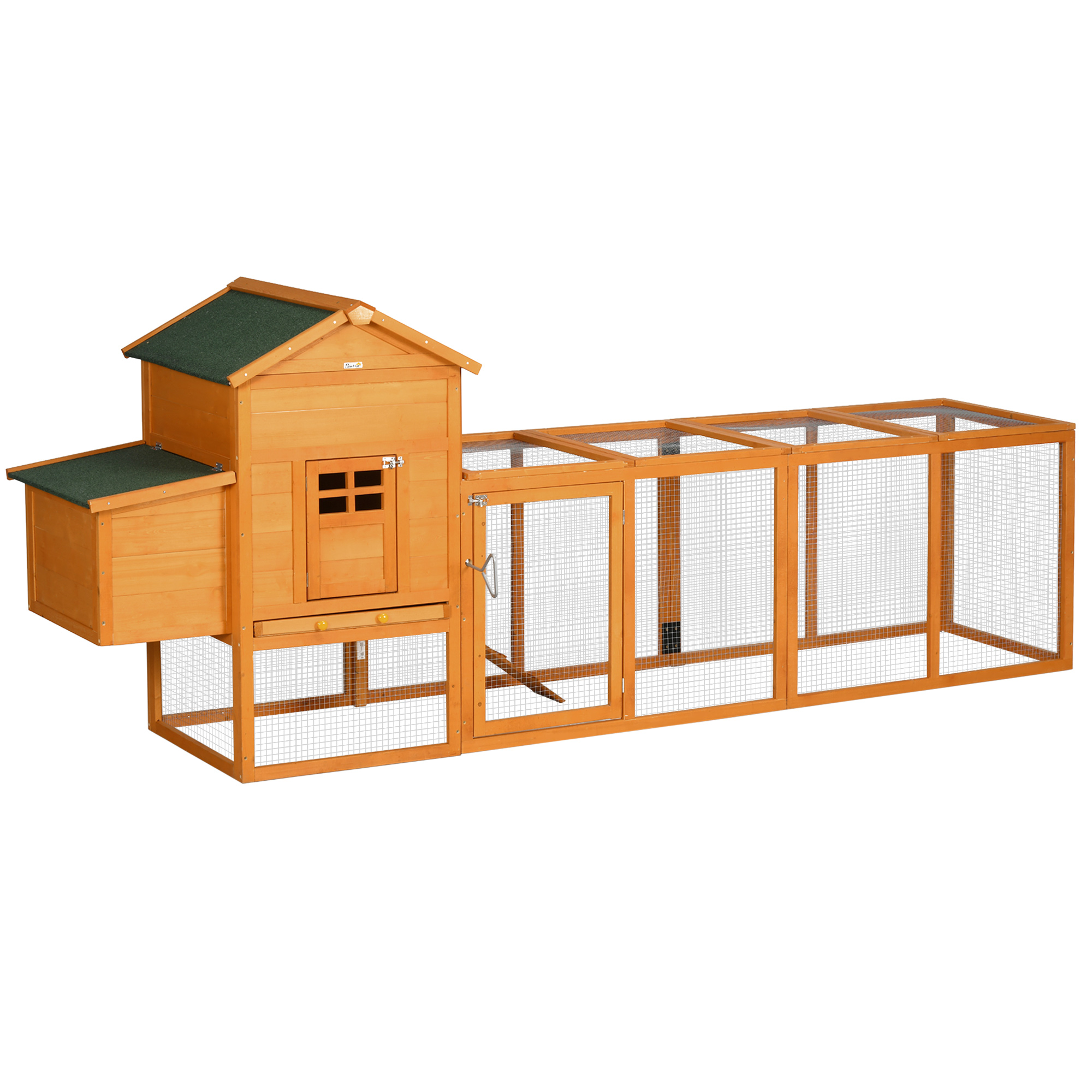 Galinheiro de madeira PawHut, 297,5 x 68 x 118 cm, gaiola grande para 3 a 6 galinhas com telhado de asfalto, cercado de metal, porta com trava, ninho, bandeja removível e rampa natural.