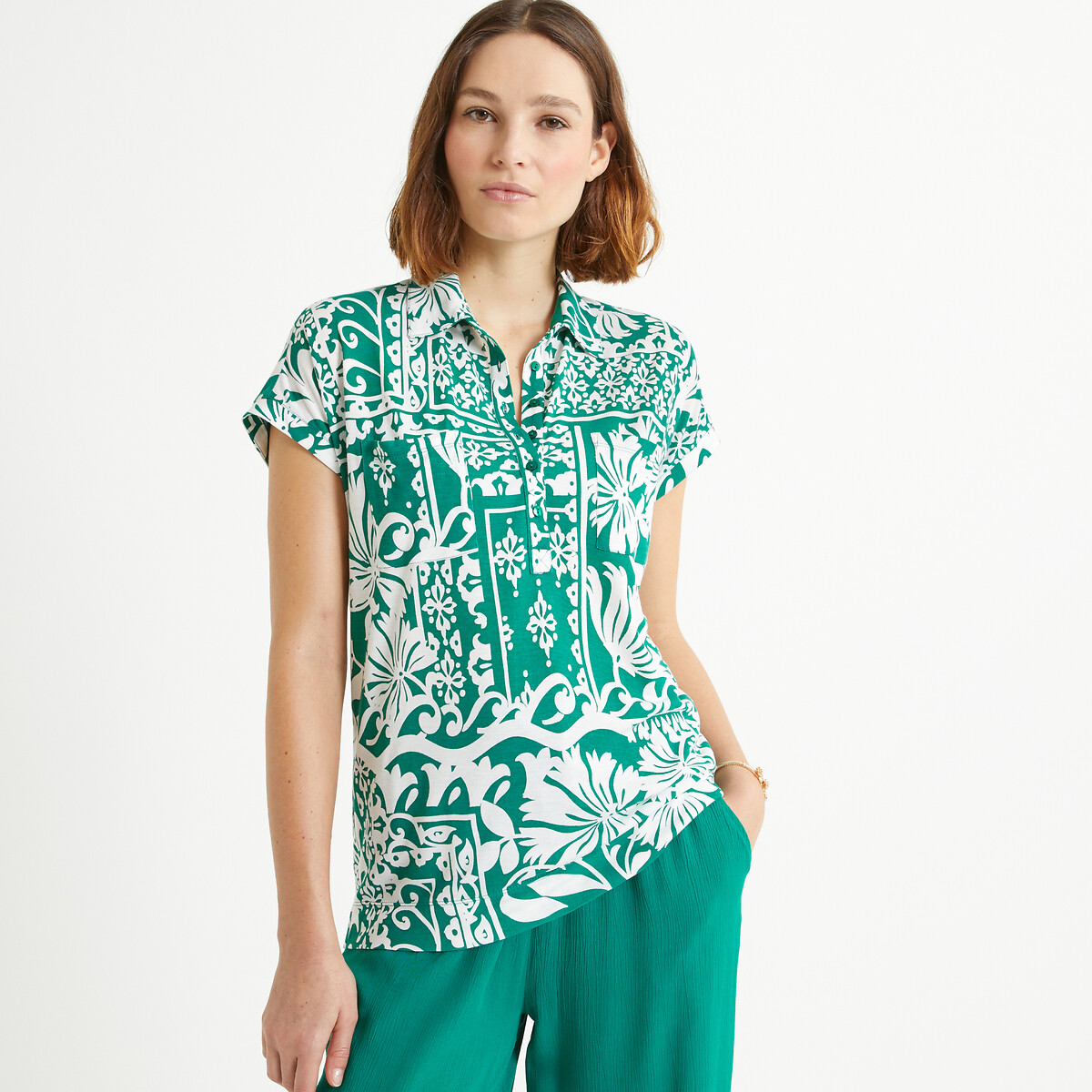 ANNE WEYBURN<br>Camiseta estampada com gola polo e mangas curtas