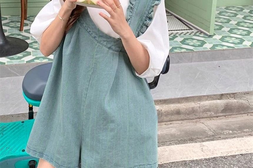 palajana - Effen top met ronde hals en elleboogmouwen / Mouwloze denim jumpsuit met wijde pijpen / Set