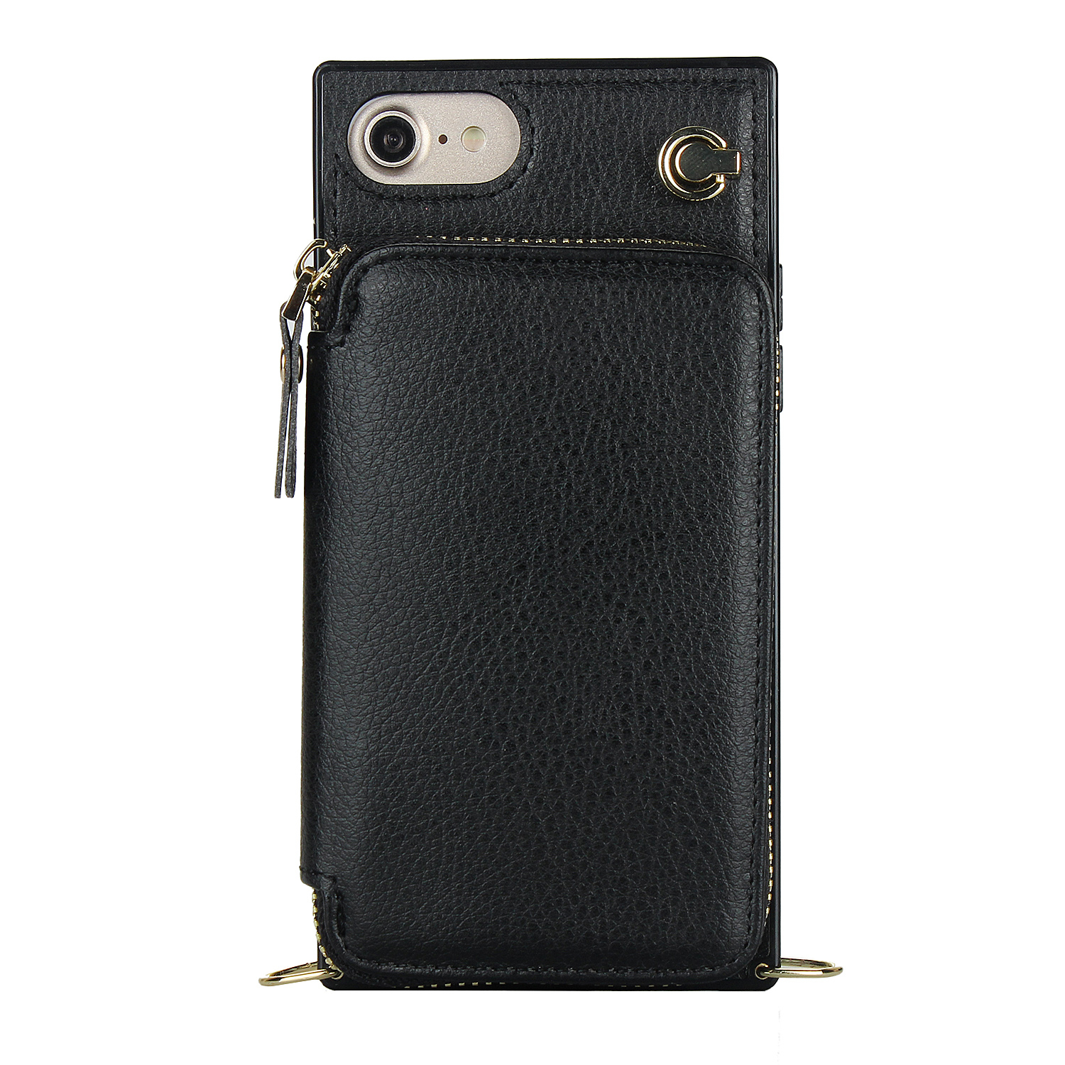 iPhone SE (2022/2020) / 8 / 7 / 6S Necklace Leder Schutz Hülle mit Kartenfächer   Handykette (140cm) - Schwarz
