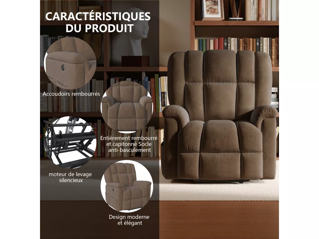 Fauteuil de massage électrique, massage lombaire 8 points + chauffage 2 points, port USB + TYPE C, velours, marron