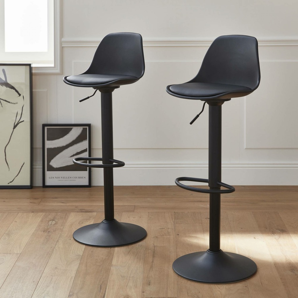 Lot de 2 tabourets de bar réglables 61.5/83.5cm - noah - simili cuir noir - hauteur réglable. Repose-pieds