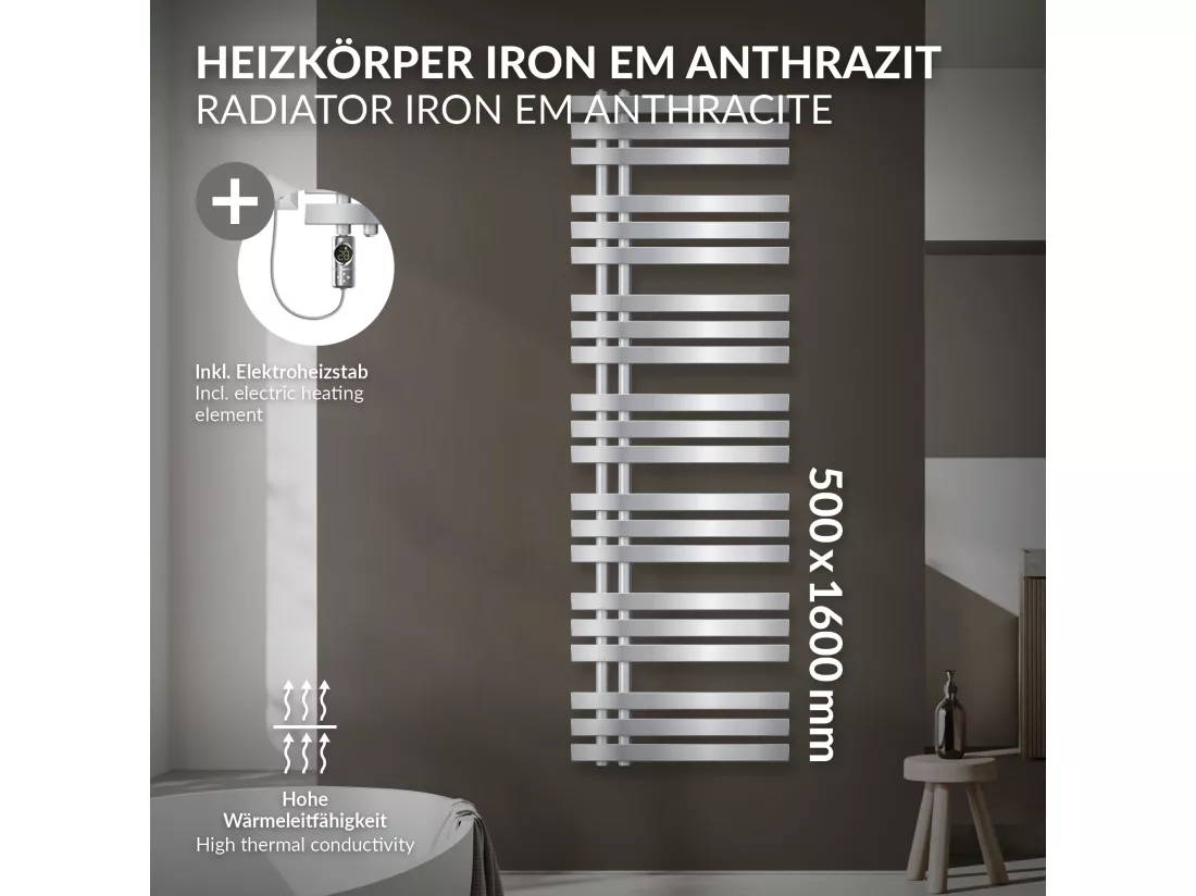 Radiateur de salle de bain en acier chrome 50x160 cm avec élément chauffant 900W
