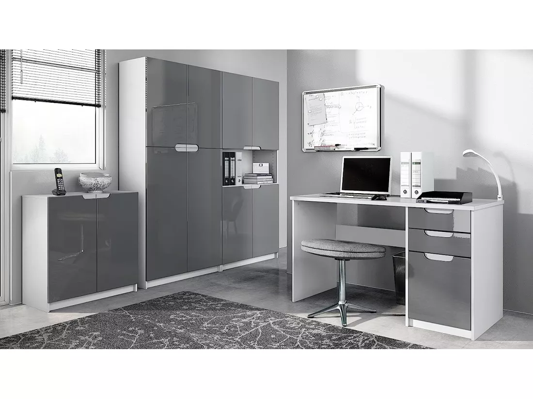Ensemble de Meubles de Bureau Corps en Blanc Mat/Façades en Gris Haute Brillance
