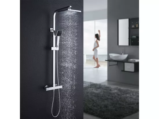 AURALUM MAX Colonne Douche Thermostatique,Ensemble Douche pour la Salle Bain Réglable en Hauteur,avec Pommeau de Pluie/Douchette à Main Carré,Chromé