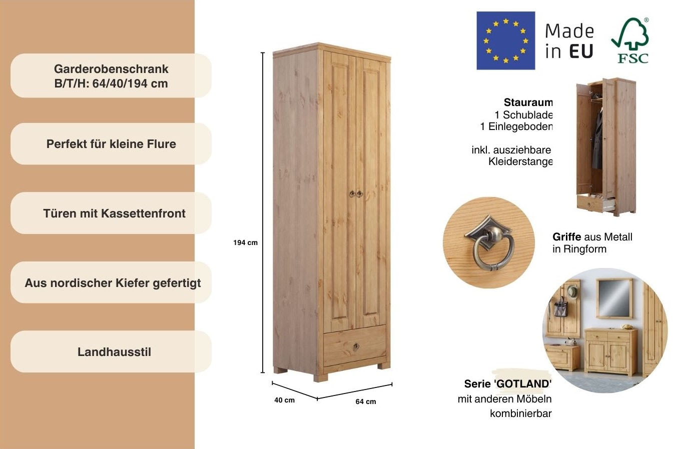 Home affaire Garderobenschrank »Gotland, Drehtürenschrank, Garderobe« aus massiver Kiefer, FSC®-zertifiziert, Höhe 193 cm