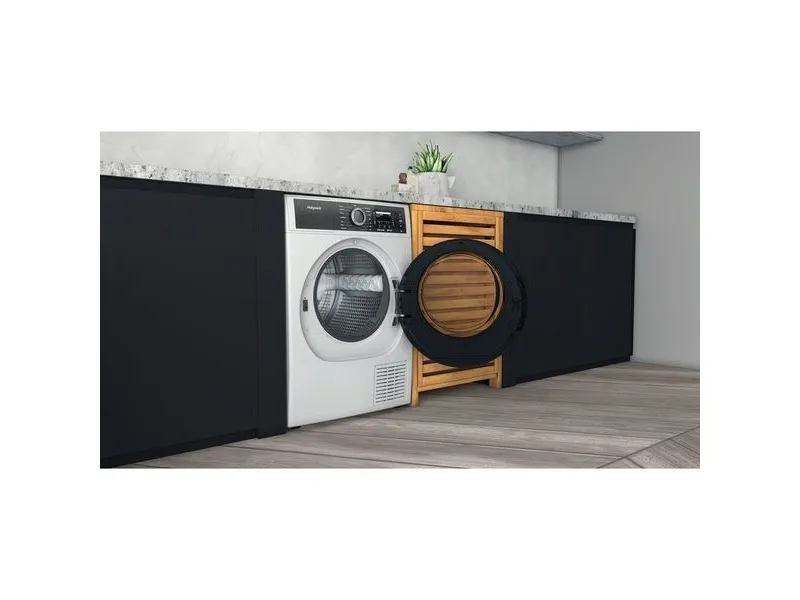 Hotpoint H8 D94WB EU, Fritstående, Front-læsning, Varmepumpe, Hvid, Dreje, Berøring, Højre