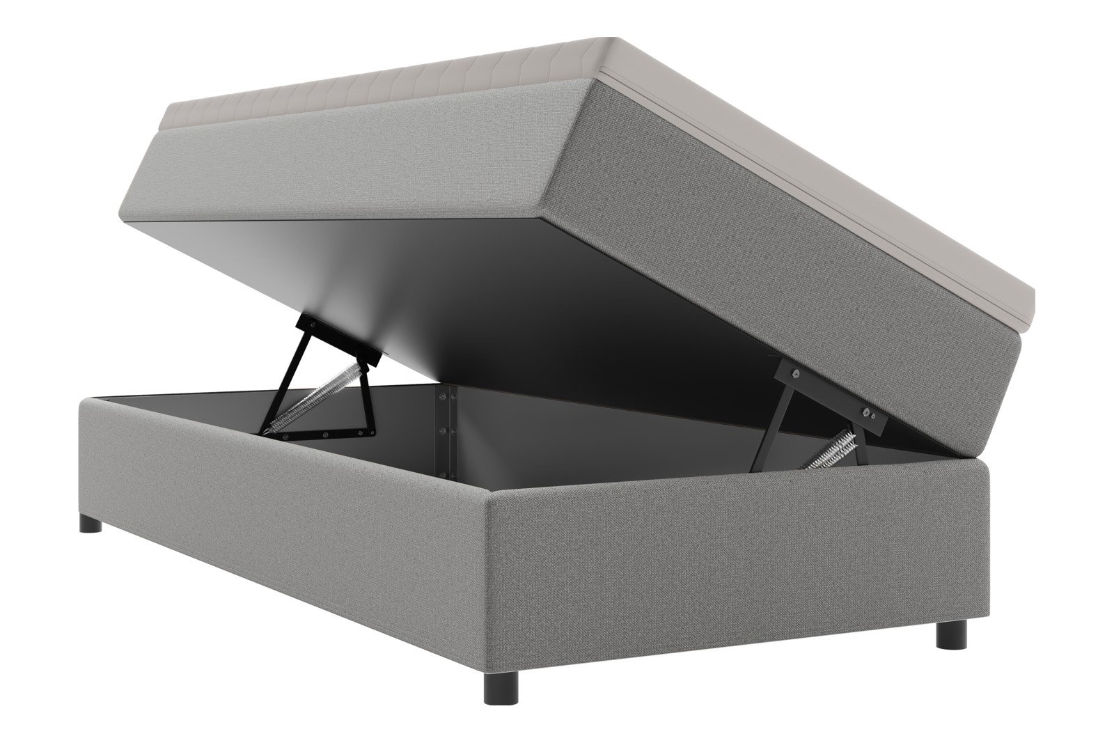 Premium 10 oppbevaringsseng 120x200 cm Magasinseng med oppbevaring, åpnes fra siden. I tekstil terranova 4 beige, med fast fasthetsgrad og premium 10 overmadrass,sorte ben. Sengegavl selges separat.
