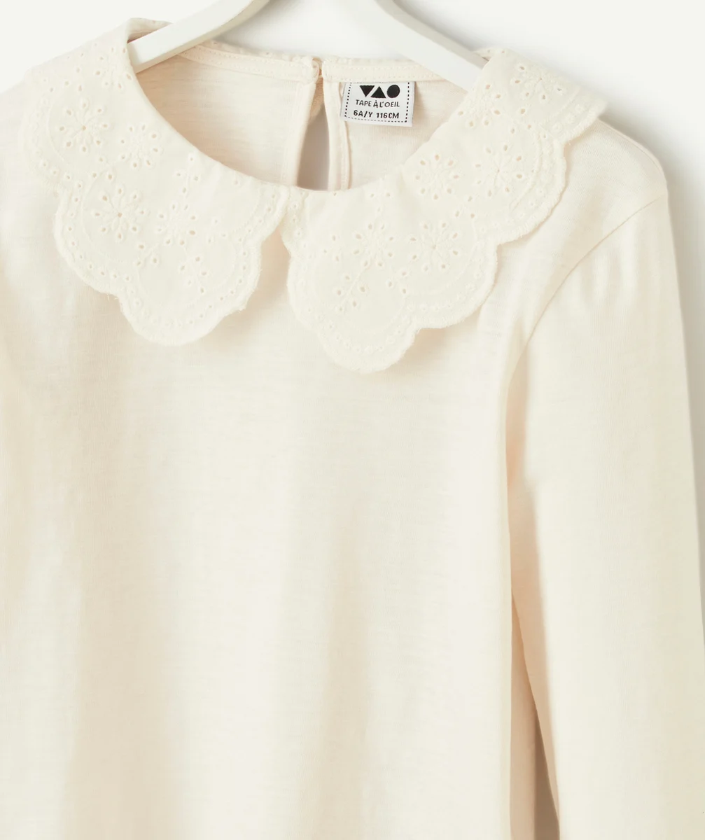 T-SHIRT FILLE EN COTON BIOLOGIQUE ÉCRU AVEC COL CLAUDINE BRODÉ